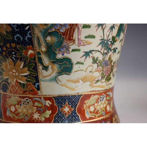 360 - A pair of large Japanese Satsuma porcelain vases, 20th century, each baluster vase with flared neck ... 