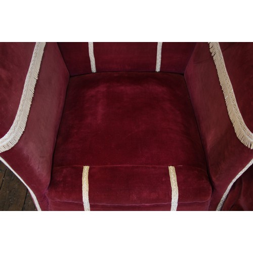 784 - A pair of Art Deco knoll type tub chairs, circa 1930, in burgundy velour fabric, of angular high sid... 