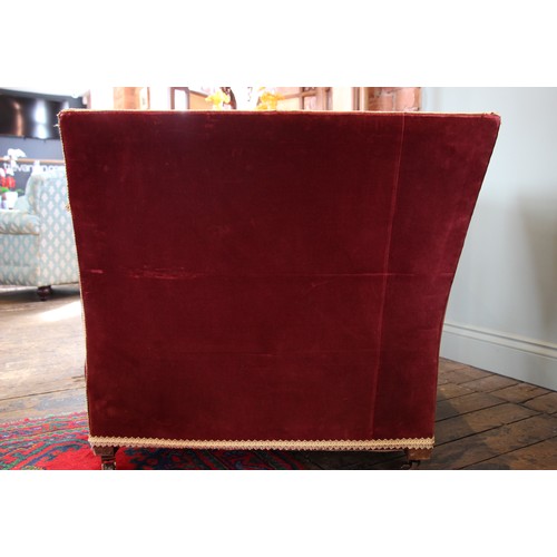 784 - A pair of Art Deco knoll type tub chairs, circa 1930, in burgundy velour fabric, of angular high sid... 