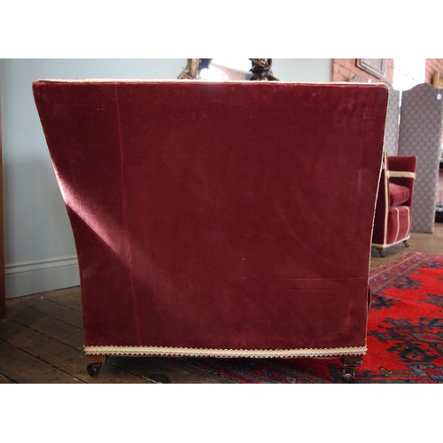 784 - A pair of Art Deco knoll type tub chairs, circa 1930, in burgundy velour fabric, of angular high sid... 