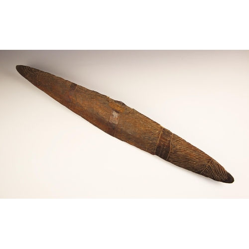 102 - A 19th century South Eastern Australia Aboriginal shield with carved decoration and carved handle to... 