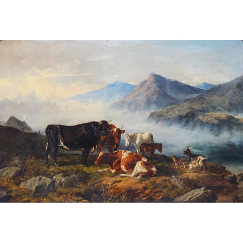 114 - William Luker (British, 1828-1905), 
Cattle, ponies and goats in an extensive highland landscape,  
... 