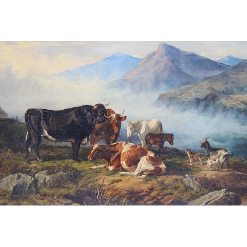 114 - William Luker (British, 1828-1905), 
Cattle, ponies and goats in an extensive highland landscape,  
... 