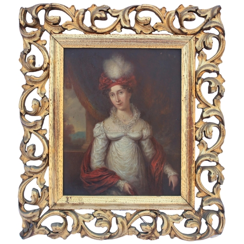 123 - English School (early 19th century),  
Half length portrait of a Regency lady in white dress, red st... 