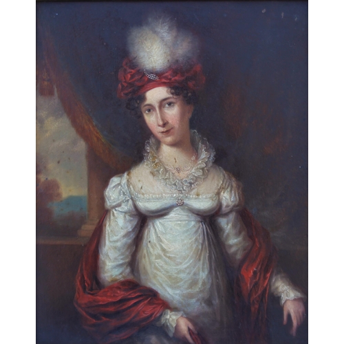 123 - English School (early 19th century),  
Half length portrait of a Regency lady in white dress, red st... 