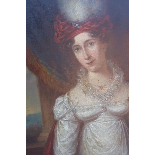 123 - English School (early 19th century),  
Half length portrait of a Regency lady in white dress, red st... 