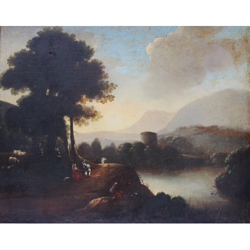 154 - Follower of Richard Wilson (Welsh, 1714-1782),  
A lake scene at eventide, with duck hunter, courtin... 