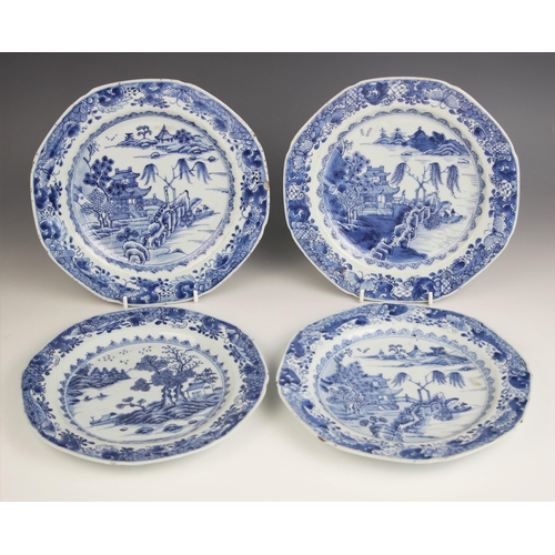 324 - Four Chinese export porcelain blue and white plates, Qianlong (1736-1795), each octagonal plate deco... 