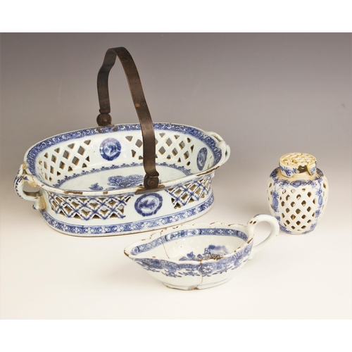 338 - A Chinese porcelain blue and white swing handled chestnut basket, Qianlong (1736-1795), the two hand... 