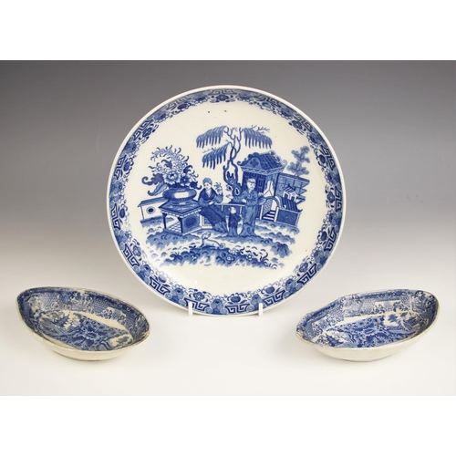 344 - Two Herculaneum pearlware blue and white dishes, early 19th century, each of navette form printed in... 