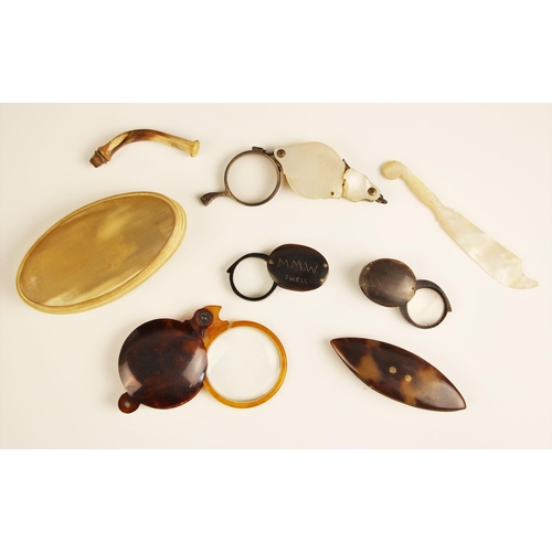 63 - A horn framed eyeglass, early 20th century, the circular eyeglass naively engraved 'MM Worthington' ... 