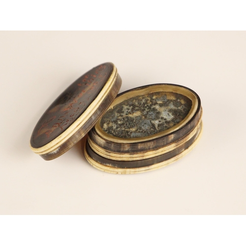 69 - A horn and tortoiseshell double sided box, late 19th century, the oval box with two pull off covers ... 