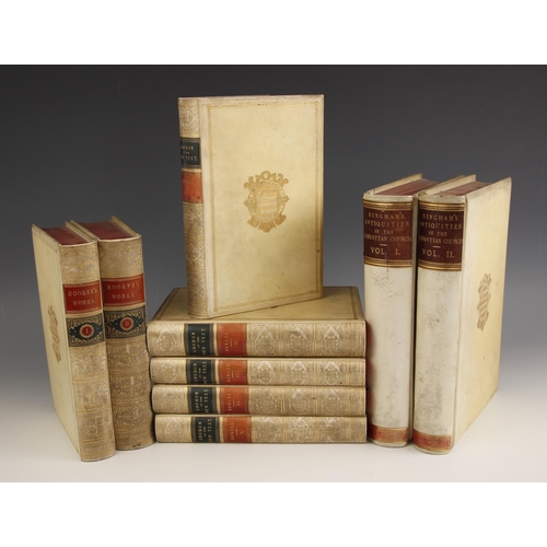 199 - DECORATIVE VELLUM BINDINGS: Bengel (John A.), GNOMON OF THE NEW TESTAMENT, five vols, full vellum, g... 