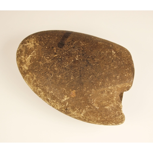 296A - A Neolithic axe head, Northern European, with a central socket and two crescent moon-shaped blades t... 