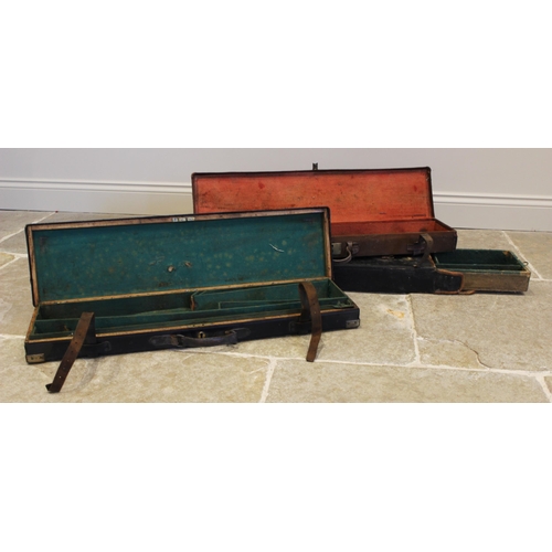 320 - A canvas and leather gun case, with a baize lined sliding and fitted interior, 96cm W, along with a ... 