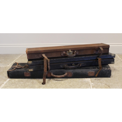 320 - A canvas and leather gun case, with a baize lined sliding and fitted interior, 96cm W, along with a ... 