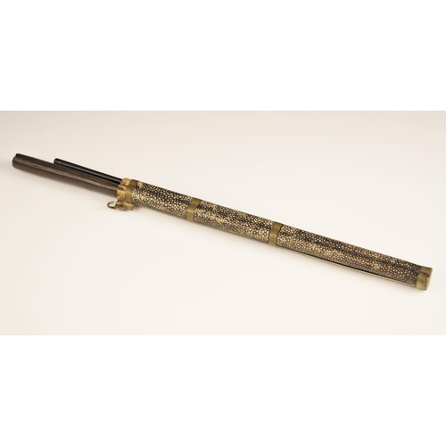 327 - A Japanese shagreen cased travelling chop stick set, 19th century, the brass bound shagreen scabbard... 