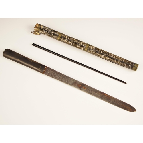 327 - A Japanese shagreen cased travelling chop stick set, 19th century, the brass bound shagreen scabbard... 