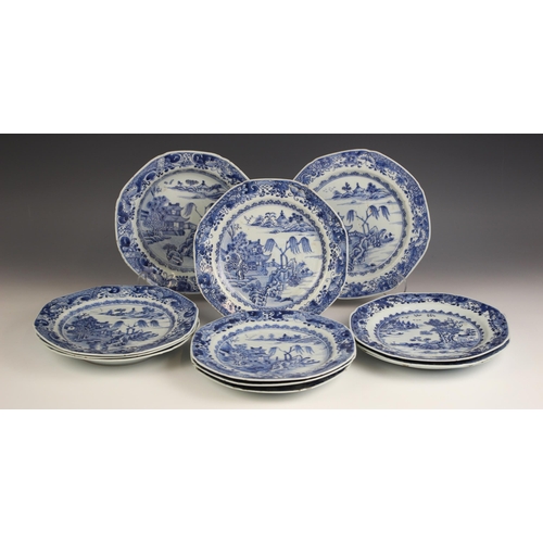 328 - Eleven Chinese export porcelain blue and white plates (Qianlong 1736-1795), each octagonal plate cen... 