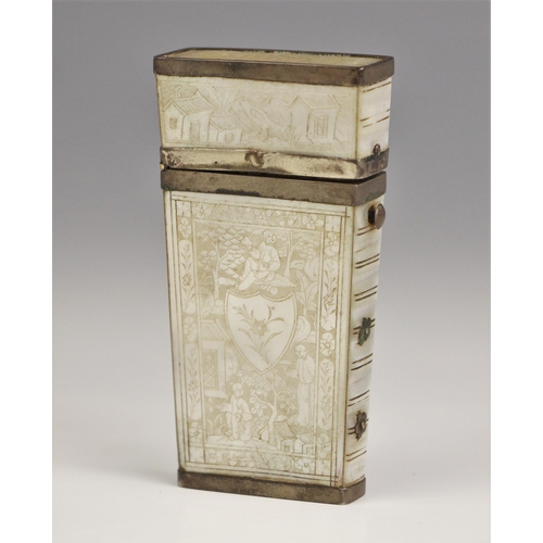 67 - A Chinese mother of pearl and white metal mounted etui, early 19th century, the tapering rectangular... 