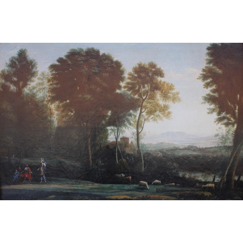 143 - Follower of Claude Lorrain (French, 1600-1682),  
Landscape with Erminia and the shepherds,  
A near... 