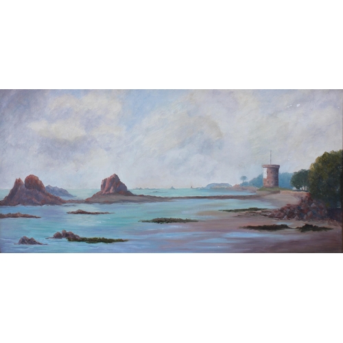 157 - * Ruby M Dutton (British, 20th century),  
A coastal scene with tower, possibly 'Le Hocq', in St Cle... 