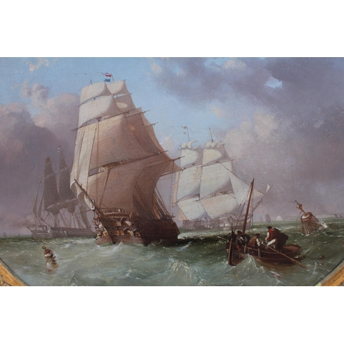 159 - James Wilson Carmichael (British, 1800-1868),  
'Man-O-War Putting Out To Sea',  
Oval mounted oil o... 