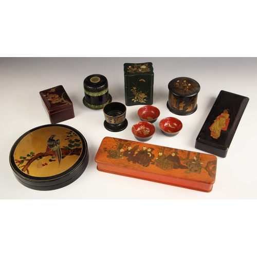 337 - A collection of 19th century and later Japanese and Chinese lacquer ware, to include; a Canton red g... 