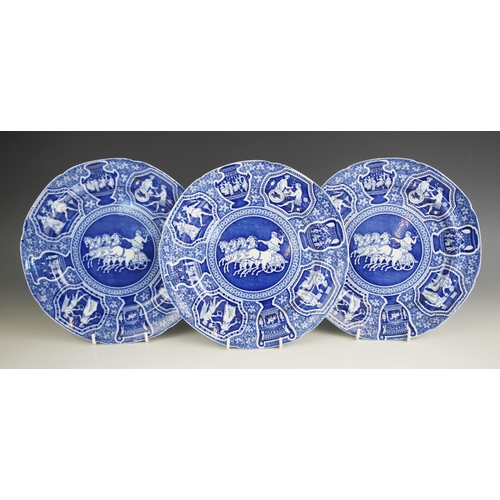 348 - Three Spode blue and white dinner plates decorated in the 'Greek' pattern, 19th century, each with i... 