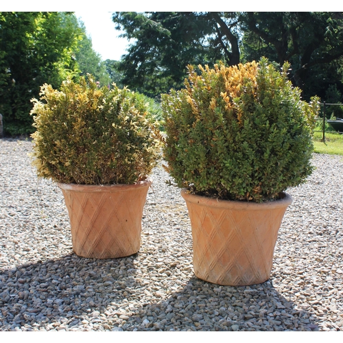 743 - * A pair of terracotta planters, of inverted bell form, moulded in relief with lattice trellis detai... 