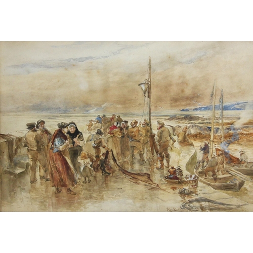 161 - Alexander Ballingall (Scottish, 1870-1910),  Fisherfolk hoisting a beacon on a beach,  
Watercolour ... 