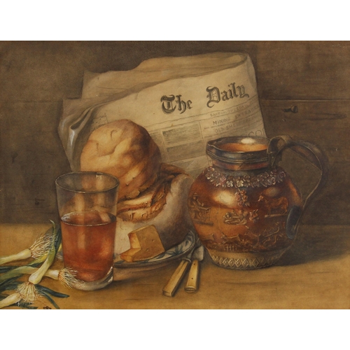 163 - * English school (20th century),  
Still life with ploughman's lunch, beer, stoneware jug and newspa... 