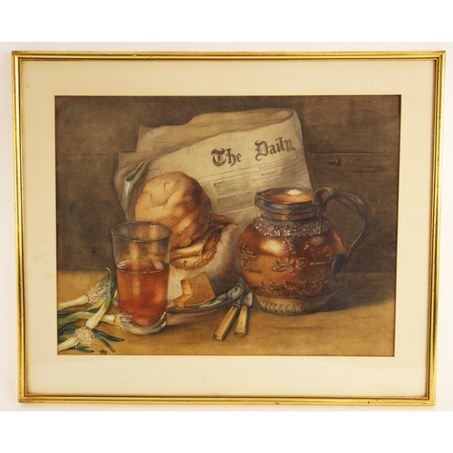 163 - * English school (20th century),  
Still life with ploughman's lunch, beer, stoneware jug and newspa... 