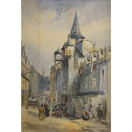 164 - * J Davies (late 19th century),  
A continental street scene with town clock,  Watercolour on paper,... 