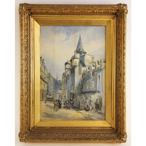 164 - * J Davies (late 19th century),  
A continental street scene with town clock,  Watercolour on paper,... 