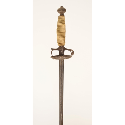 300 - A small-sword, circa 1700, with slender fullered blade, lightly chiselled iron hilt involving a doub... 