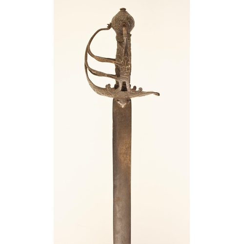 304 - A Mortuary-hilted Backsword, mid-17th century, with flat blade tapering to a blunt point, the hilt f... 