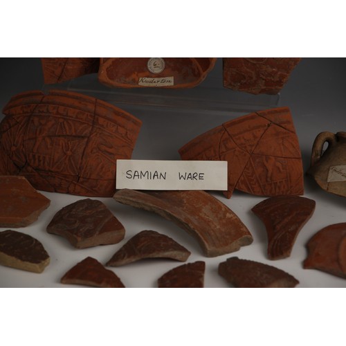 86 - A collection of Roman Samian Ware pottery fragments, to include a fragment bearing Royal Archaeologi... 