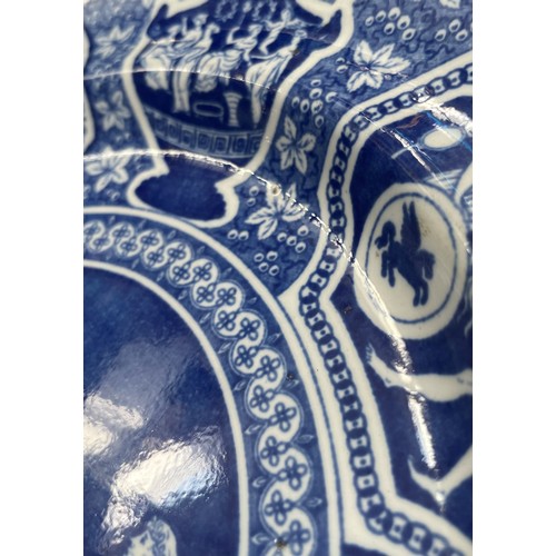 348 - Three Spode blue and white dinner plates decorated in the 'Greek' pattern, 19th century, each with i... 