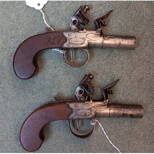 312 - A pair of Flintlock Pocket Pistols, circa 1820, with turn-off barrels, box-lock actions each inscrib... 