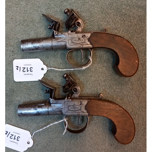 312 - A pair of Flintlock Pocket Pistols, circa 1820, with turn-off barrels, box-lock actions each inscrib... 