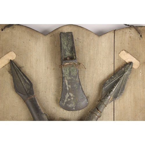 296 - Seven Ancient Bronze Axe and Spear Heads, together with two Iron Arrow Heads, Bronze Age and 14th ce... 