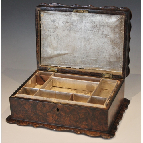 1073 - A 19th century faux tortoiseshell work box, the cushion top cover with shaped rim and brass pique, o... 