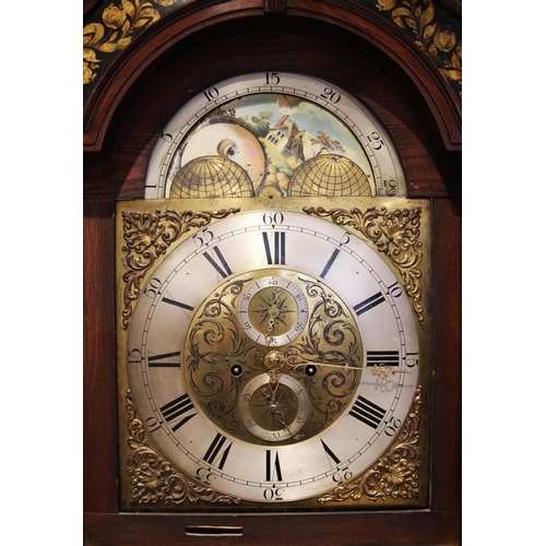 1081 - A George III mahogany cased eight day longcase clock, the twin swan neck roundel pediment over eboni... 