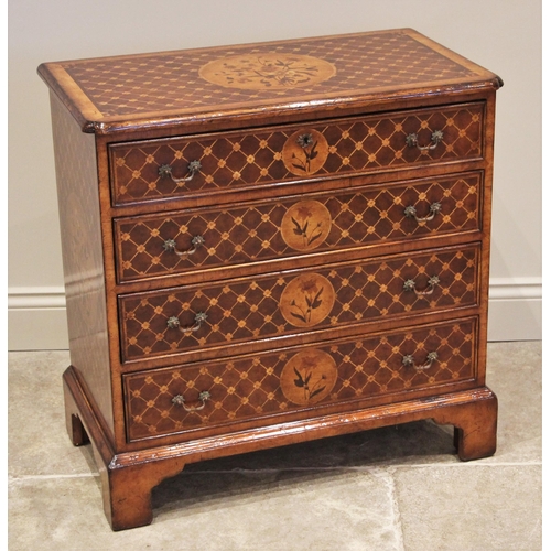 1092 - A Dutch influence 18th century style marquetry inlaid walnut chest of drawers, late 20th century, th... 