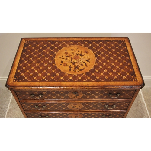 1092 - A Dutch influence 18th century style marquetry inlaid walnut chest of drawers, late 20th century, th... 