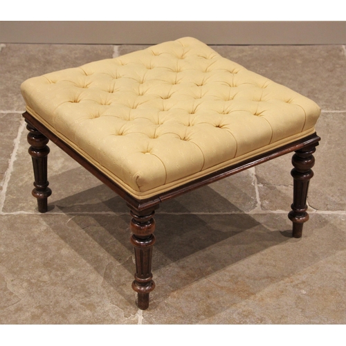 1160 - A Victorian walnut square section footstool, the upholstered button down seat, upon knopped and flut... 