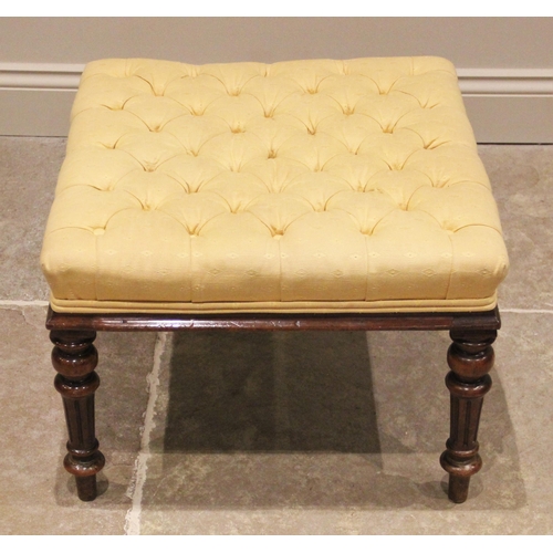 1160 - A Victorian walnut square section footstool, the upholstered button down seat, upon knopped and flut... 