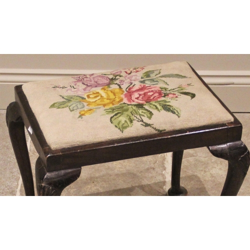 1170 - A George II style mahogany dressing stool, late 19th/early 20th century, the needlework drop-in seat... 