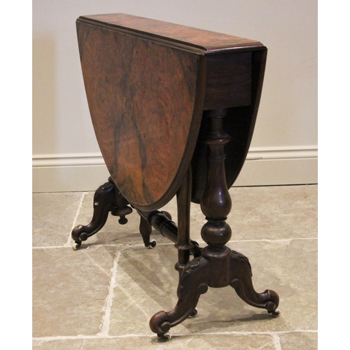 1181 - A Victorian figured walnut Sutherland table, the moulded oval drop leaf top upon baluster and bulbou... 